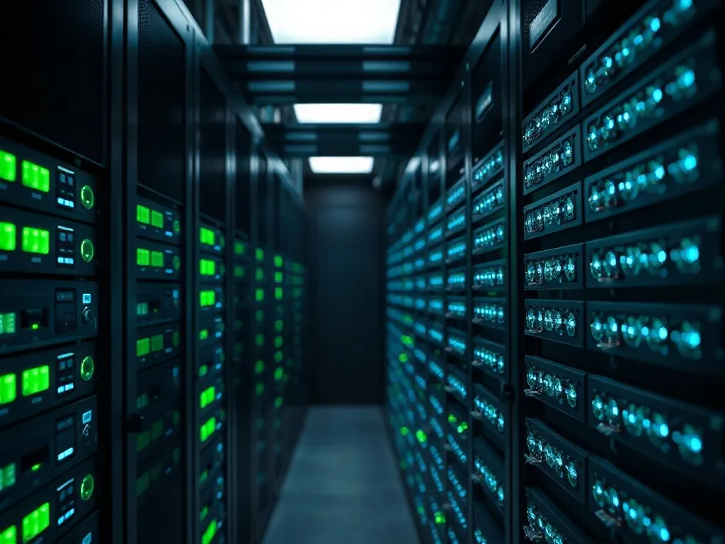 A close-up photo of a modern server rack with blinking green