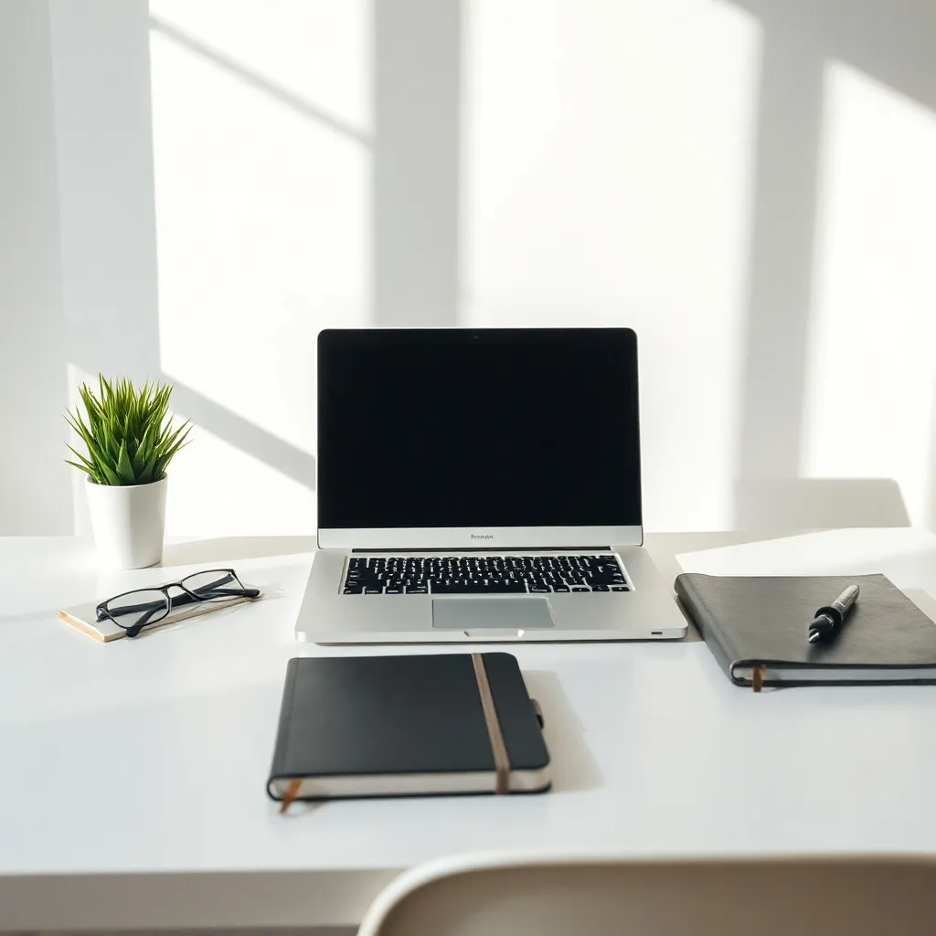 Minimalist workspace with a laptop and a notebook on a clean