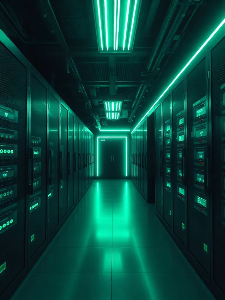 Cinematic wide shot of a futuristic server room with neon gr