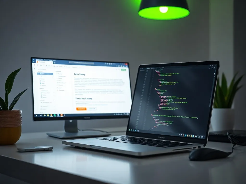 A clean, modern software development workspace with a laptop